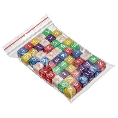 Obrázek produktu pro Šestistranné kostky, perleťové, 50 kusů, cca 16 mm, barevně smíšené