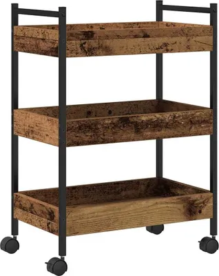 A three-tiered rolling cart with a rustic wood finish and black metal frame, shown against a white background.