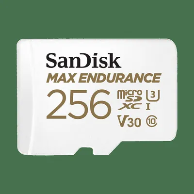 A white SanDisk microSDXC memory card with product details printed on it, set against a green background.