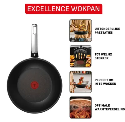 Produktbild von Tefal Excellence G3201902, Rund, Wok-/Bratpfanne, Schwarz, Aluminium, Thermo-Punkt, Keramik, Elektro, Gas, Halogen, Induktion, Versiegelte Platte