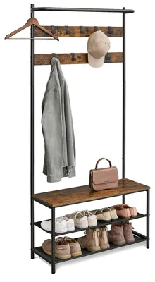 Produktbild von Flurgarderobe mit Schuhbank - Garderobenständer - 9 abnehmbare Haken - Kleiderstange - Montage erforderlich - Greige + Schwarz