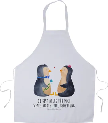 Produktbild von Mr. & Mrs. Panda Kochschürze Pinguin Pärchen - Weiß - Geschenk, Liebe, Kellnerschürze, Arbeitsschürze, Schürze, Küchenzubehör, glücklich, Küchenschürze, Hochzeitstag