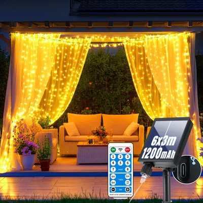 Solar-Lichtvorhang 6x3 m, 600 LED, warmweiß, 8 Modi, Fernbedienung