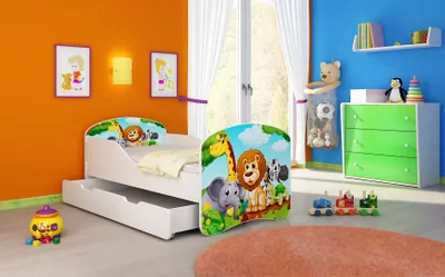 Image de ACMA I Lit d'adolescent Lit d'enfant Lit junior Set complet avec matelas Sommier à lattes Blanc 02 Animals 140x70 + coffre de lit