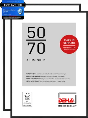 A product image showing a frame with size and material information, along with certifications and branding.