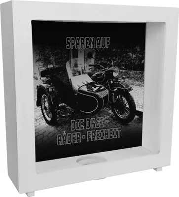 Produktbild von Oldtimermotorrad mit Beiwagen Rahmen Spardose aus Holz mit Spruch: Sparen auf