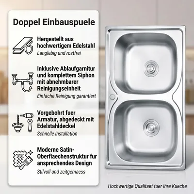 Produktbild von Mucola Doppelspüle Küchenspüle SilberSpülbecken EinbauSilberspüle - Einbauspüle 81CM