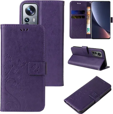 Produktbild von Handyhülle für Xiaomi 12 Pro Floral Blumen Schmetterling Flip Cover Hülle Case Klapphülle Handytasche Farbe: Violett