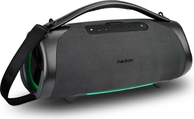 Produktbild von MEDION P61768 tragbarer Bluetooth Lautsprecher (Akku, Bass Boost, Musikbox, RGB Lichteffekte, IPX7 Wasserschutz & robust, integrierte Powerbank, 100W (RMS) total, 2X 25W + 50W) Anthrazit