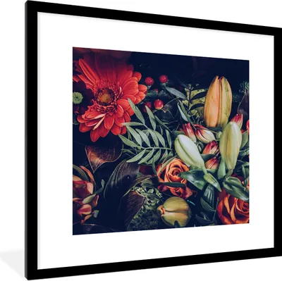 Produktbild von MuchoWow® Gerahmtes Poster Blumenstrauß - Stilleben - Blumen - Pflanzen - Rot 40x40 cm - Poster mit Schwarzem Bilderrahmen Wandposter Rahmen Foto Bilder - Poster - Plakat im Rahmen