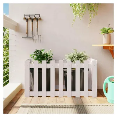 Produktbild von Hochbeet mit Lattenzaun-Design Weiß 100x50x50 cm aus massivem Kiefernholz, Palettenrahmen, Hochteich, Gemüsebeet, Kräuterregal für Balkon, Blumenbeet, Kräuterspirale, Tomatenbeet, Pflanzhochbeet