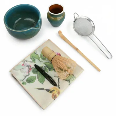 Produktbild von Matcha Tee Set 7-teilig Keramikschale mit Ausguss Bambusbesen Halter Löffel Sieb Tuch