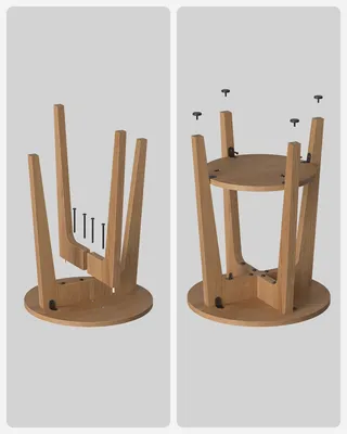 Assembly steps for a wooden stool shown side-by-side.