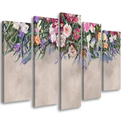 Produktbild von 5-teiliges leinwandbild überwucherte blumen 200x100 cm Feeby beige wandbild bereit zum aufhängen