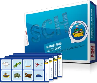 Produktbild von Schuschus Laut-Lotto Spiel zur Lautbildung des SCH-Lautes ab 3 Jahren, 4 Bildtafeln, 32 Karten