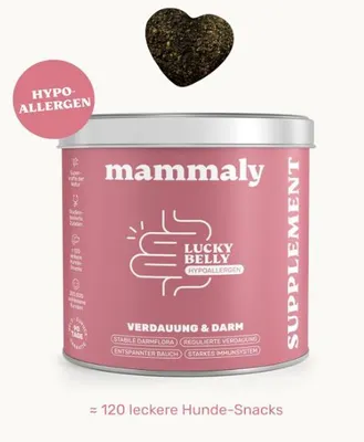 Produktbild von mammaly Lucky Belly Hundesnacks – 9-in-1 Probiotika Drops für die Verdauung & Magen-Darm – Hypoallergen ohne Huhn, 120 Stück (350g)