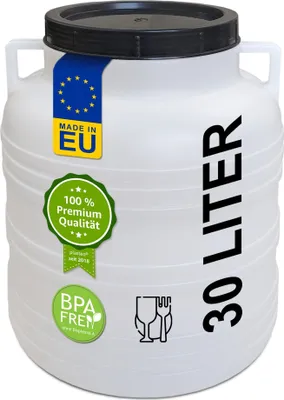 Produktbild von plasteo® 30 Liter Weithalsfass mit Deckel und Griffen, Lebensmittelecht und BPA-Frei Gepäcktonne Sauerkrautfass Futtertonne naturfarben Universalfass