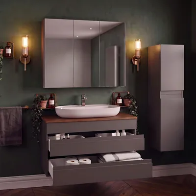 Produktbild von Badmöbel Set Lara Konsole 100 Walnuss | Keramik | Waschtisch | Spiegelschrank