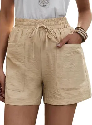 Produktbild von ASKSA Damen Shorts Sommer Lässige Sport Kurze Hose Einfarbig Hoher Taille Lockere Kordelzug mit Taschen, Aprikose, 3XL