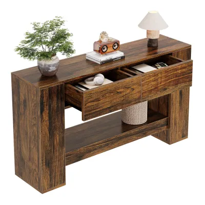 Image de Tribesigns Table console avec 2 tiroirs, 140 cm, table basse en bois derrière le canapé, console d'entrée à 2 niveaux pour entrée, couloir, salon, couloir