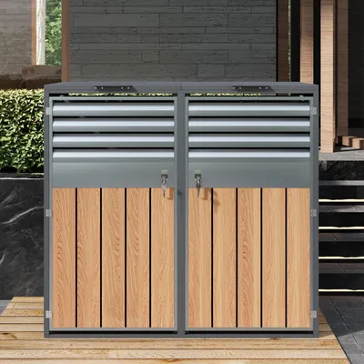 Produktbild von Flieks Mülltonnenbox 1 Stück, Mülltonnenschrank mit Klappdeckel, Mülltonnenverkleidung Abschließbar für 2 Tonnen 120–240L, 132x80x118.5cm, Grau