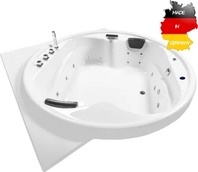 Produktbild von Basera BASIC Indoor Podest-Whirlpool Badewanne XXL Gomera mit Ecke 186 x 186 cm, 18 Massagedüsen, Wasserfall, LED-Ambiente