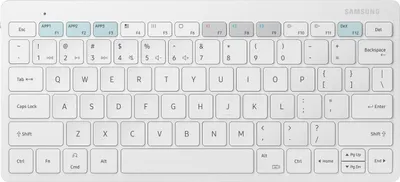 A white Samsung wireless Bluetooth keyboard is shown from a top-down perspective on a white background.