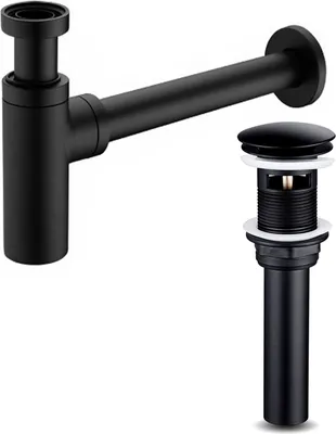 Produktbild von 2er Set Siphon Ablaufgarnitur & Ablaufgarnitur mit Überlauf Waschtisch Abfluss Ventil Messing Schwarz