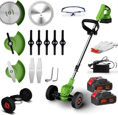 Produktbild von Akumulátorový vyžínač trávy,s 2x2,0Ah bateriemi a nabíječkou,ořezávač trávy se 3typy sekacích nožů,rozšiřitelný od 85 do 122 cm,s kolečky