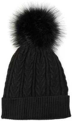 Produktbild von styleBREAKER Damen Feinstrick Bommelmütze mit Zopfmuster, Kunstfell Bommel Mütze, gefütterte Winter Strickmütze 04024100