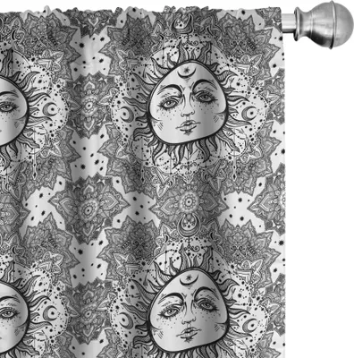 Produktbild von ABAKUHAUS Astrologie Vorhänge, Gardinen, Blumenmandala-Sonnengesichts-Muster-böhmische geistige Thema-orientalische Volksverzierung, 2 Stück 75 x 225 cm, Weiß schwarz