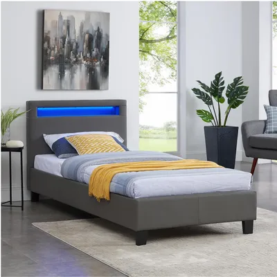 Produktbild von Polsterbett MANDALAY 90 x 200 cm grau - mit LED Beleuchtung Einzelbett Kunstlederbett mit Lattenrahmen