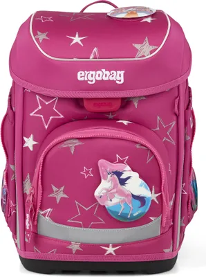 A pink Ergobag Cubo school backpack with a star pattern and a unicorn graphic.