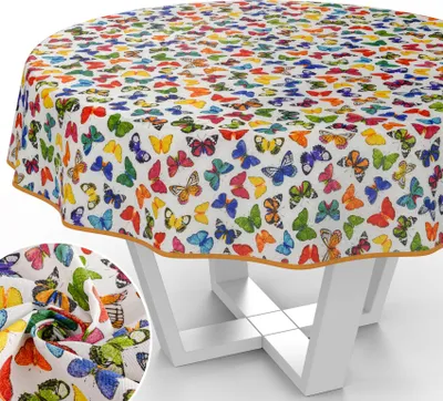 Produktbild von Tischdecke Schmeterlinge aus Textil mit feinem Ästhetik Motiv Tischwäsche schmutzabweisend Tischtuch Aquarell Bunt Rund 120cm mit Paspelband