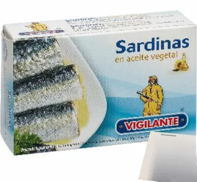 Produktbild von Vigilante Sardinen in Pflanzenöl, Sardinas en aceite vegetal (120g Dose) + usy Block