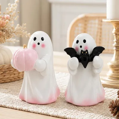 Productafbeelding van 2 stuks Halloween decoratieve spookfiguren met vleermuis pompoen decoratie Halloween decoratie binnen hars spookfiguur