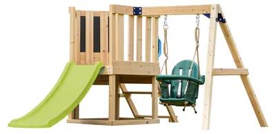 Produktbild von AXI Timo Klettergerüst aus Holz in Braun mit Rutsche in Hellgrün | Spielturm / Spielplatz für Kinder mit Babyschaukel, Kletterwand und Tafel | Spielgerät für den Garten