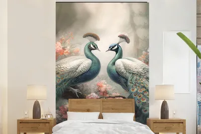 Produktbild von MuchoWow® Fototapete für Wohnzimmer oder Schlafzimmer Wandtapete Vinyl Motivtapete Pfaue - Pfauenfedern - Vögel - Natur - 180x280 cm - Wallpaper