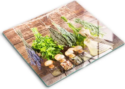 Zdjęcie produktu dla Deska kuchenna – 60 cm x 52 cm - Szklana deska do krojenia - Szkło hartowane – Antypoślizgowa - Zioła Przyprawy I Drewno