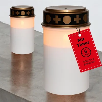 Productafbeelding van Novaliv, 2 stuks LED-graflichten met batterij en timer, 6/18 uur. Witte, langdurig brandende LED-graflichten. LED-kaarsen met flakkerend vlameffect. Graflicht voor de begraafplaats, herdenkingslicht, grafstoof. Eeuwig licht, rouwkaars