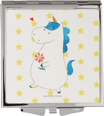 Produktbild von Mr. & Mrs. Panda Schminkspiegel Einhorn Spaziergang - Weiß - Geschenk, Kosmetikspiegel, Einhörner, Glitzer, Unicorn, Kleiner Spiegel, Mutter, Frauen, Handspiegel, Blumen