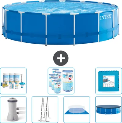 Obrázok produktu pre Okrúhly rámový bazén Intex - 457 x 122 cm - modrý - vrátane čerpadla - rebríka - krycej plachty - balenia na údržbu - filtra - dlažby