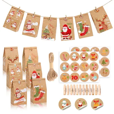 Produktbild von Adventskalender Tüten zum Befüllen Set 24 Stück mit 6 Weihnachtsmotiven, Holzklammern, Juteschnur & Zahlenstickern