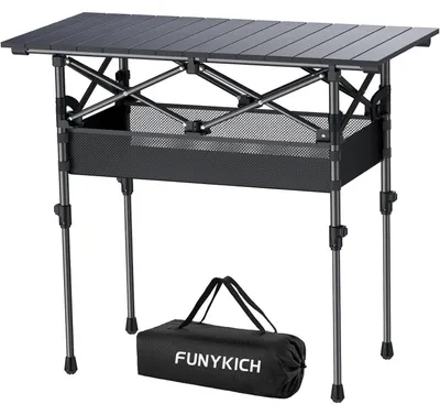 Image de Table de camping pliante, 82x40 cm, avec 2 niveaux de hauteur réglables (44/70 cm), en aluminium, avec une poche en filet