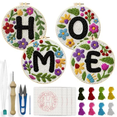 Punch Needle Stickerei-Set, 4er-Set, Blumen-Design, 20 cm, DIY