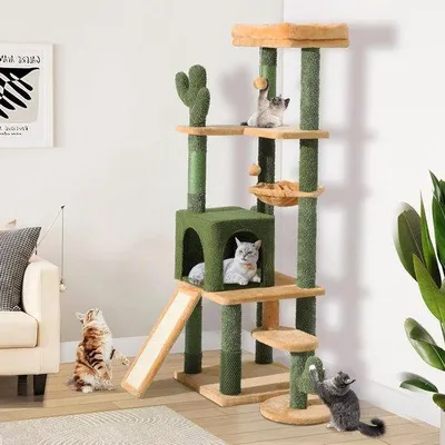 Produktbild von Katzenstangen-Set - 153 cm hoch - mit Selbstreinigungsbürste & Spielkugeln - Sisal-Stangen