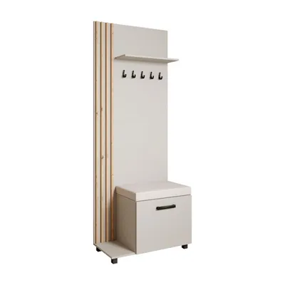Produktbild von Garderobenschrank LIVIA Links Kaschmir – Garderobe mit Kleiderhaken, Schuhschrank, Lamellen in Eiche, hellbeiges Sitzkissen, Hochschrank, Flurmöbel