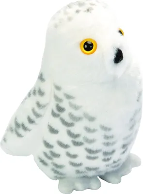 A plush toy snowy owl is shown from a side angle against a white background.