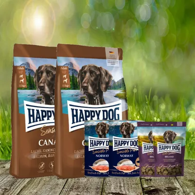 Produktbild von Happy Dog Sensible Canada 2 x 11 kg + Happy Dog Soft Snack Ireland 2 x 100 g + Happy Dog Sensible Pure Norway 2 x 400 g