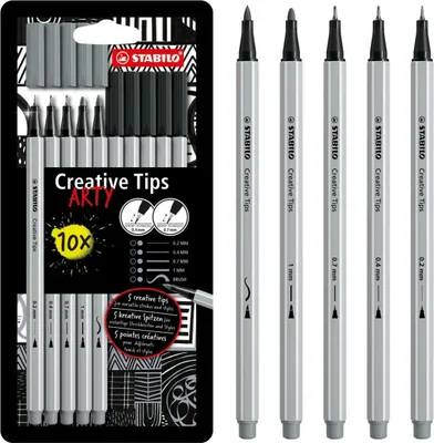 Produktbild von STABILO Creative Tips Fineliner Set ARTY point 88/Flamaster Pen 68/Flamaster Pen 68 brush - schwarz-graues Kartonetui 10 Stück 89/10-1-20